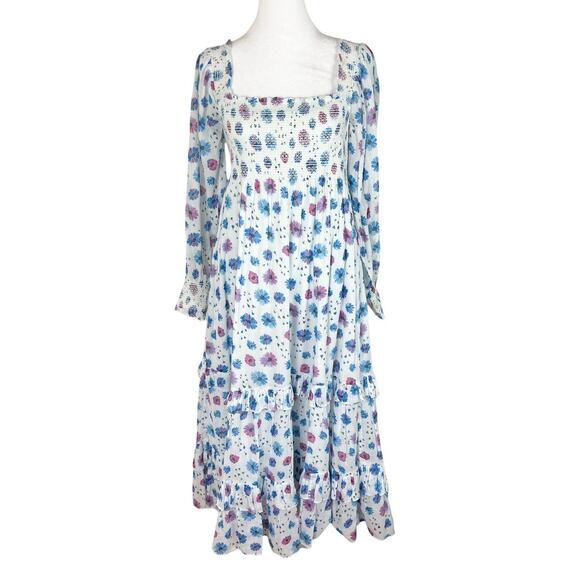 LoveShackFancy Miri Floral Cotton Midi Dress Smocked Tiered Slit Size Small - Picture 4 of 9